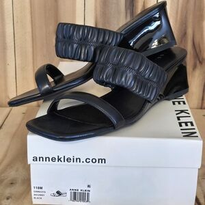 ANNE KLEIN Womens 11 M Black Wedge Slides Ruch Elastic Strap Sandals Ginny NIB